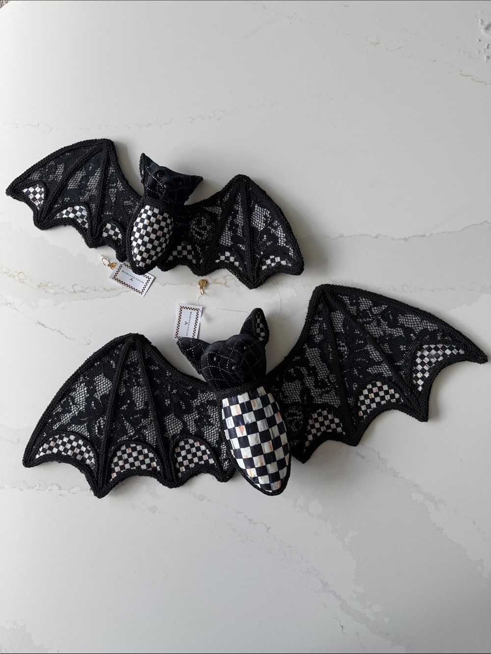 Mackenzie-Childs Haunted House Hanging Black Velvet and Check Bats, Set of 2